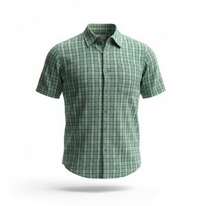LL Bean Gorpcore Green Plaid Stretch Chambray Short Sleeve Stretch Shirt - Large